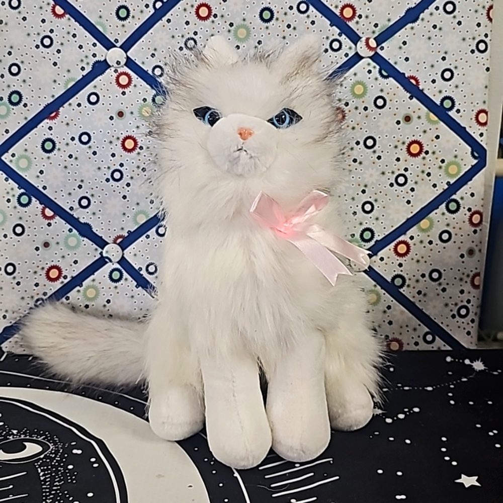 Plush stuffed white blue eyed siamese realistic cat 12 inches sitting